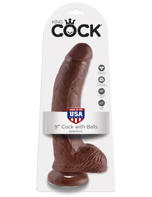 King Cock 9"" Cock with Balls-Brown